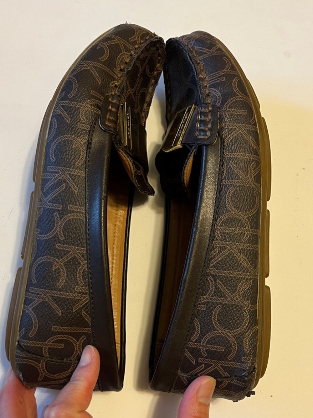 Calvin Klein Lisa Dark Brown Monogram Loafers with Gold Accent - Picture 5 of 9